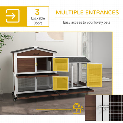 Rabbit Hutch, Bunny Cage Outdoor 2-Tier w/ Wheels & Tray, Brown