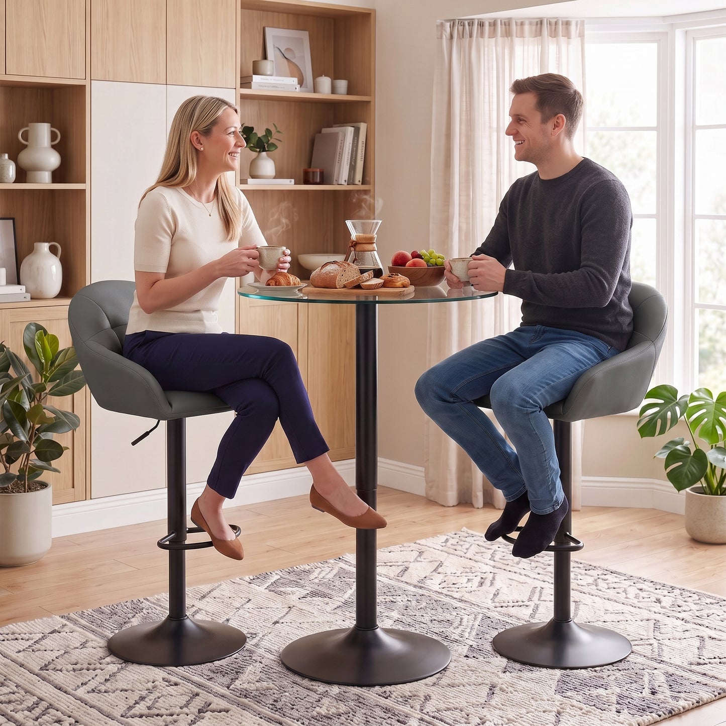 Bar Stools Adjustable Height Backrest Set of 2, Grey