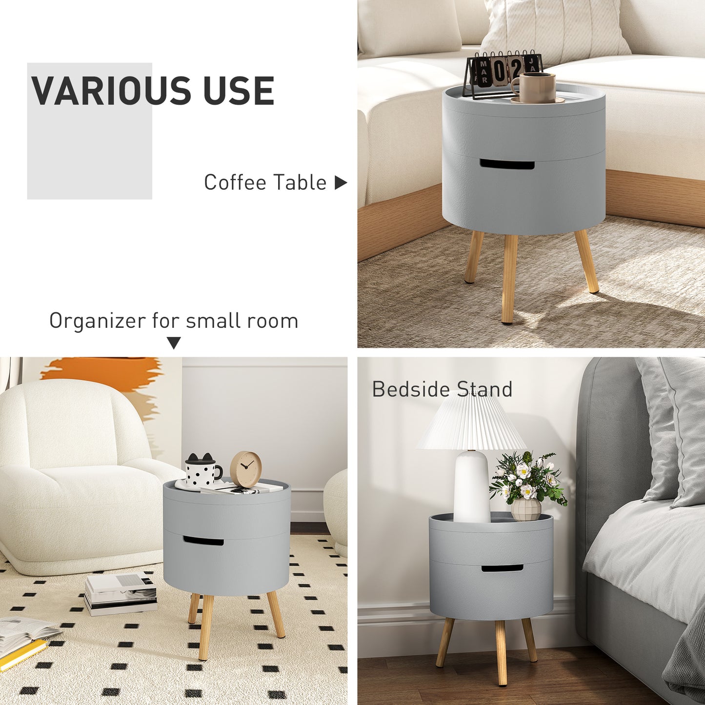 Side Coffee Table End Desk Night Stand w/ Detachable Tray, Grey