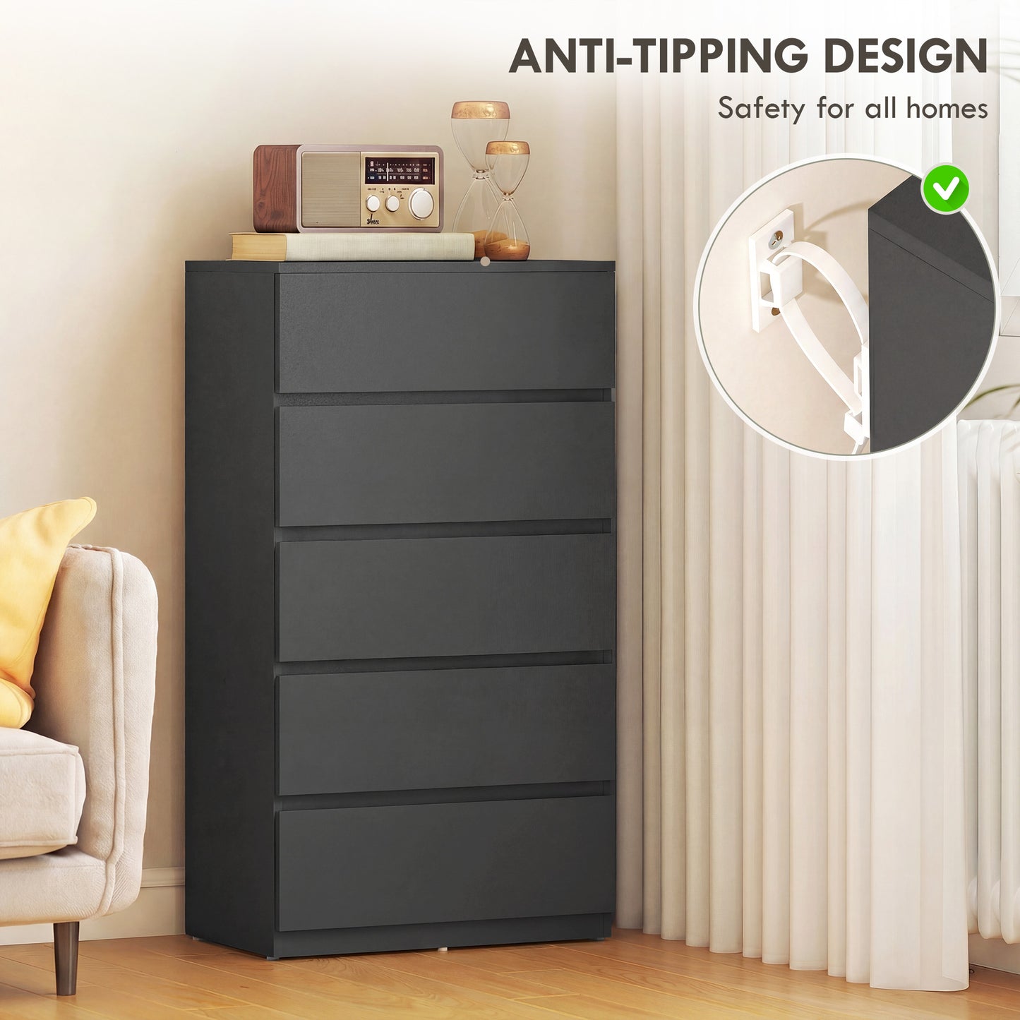 Bedroom Chest of Drawers, 5 Drawers Dresser, Drawer Unit, Black