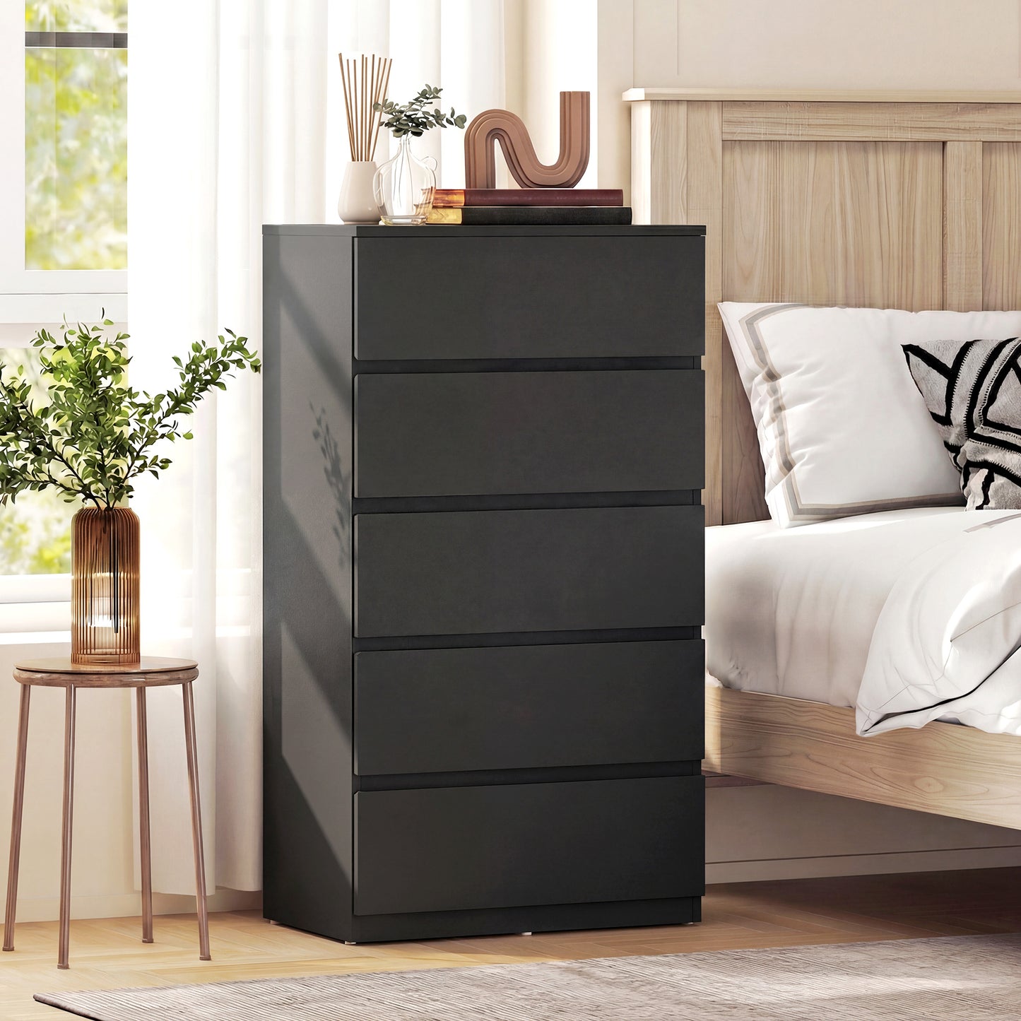 Bedroom Chest of Drawers, 5 Drawers Dresser, Drawer Unit, Black