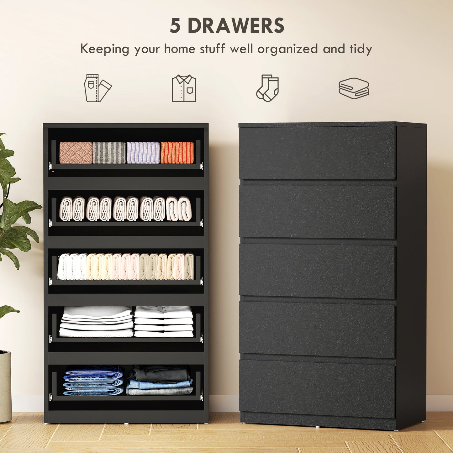 Bedroom Chest of Drawers, 5 Drawers Dresser, Drawer Unit, Black