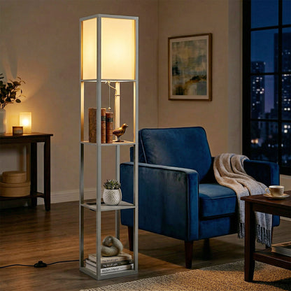 3-Tier Floor Lamp with Shelves and Storage, Modern Corner Standing Lamp with Lampshade, Reading Light with Foot Switch for Living Room, Bedroom, Home Office, LED Bulb Included, Grey