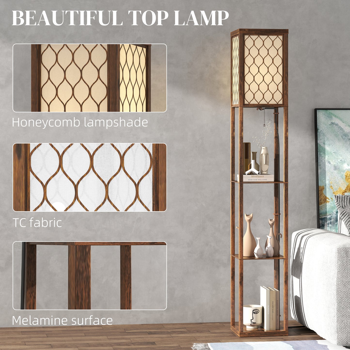 Modern Floor Lamp Light with 3 Shelves Fabric Lampshade, Rustic Brown