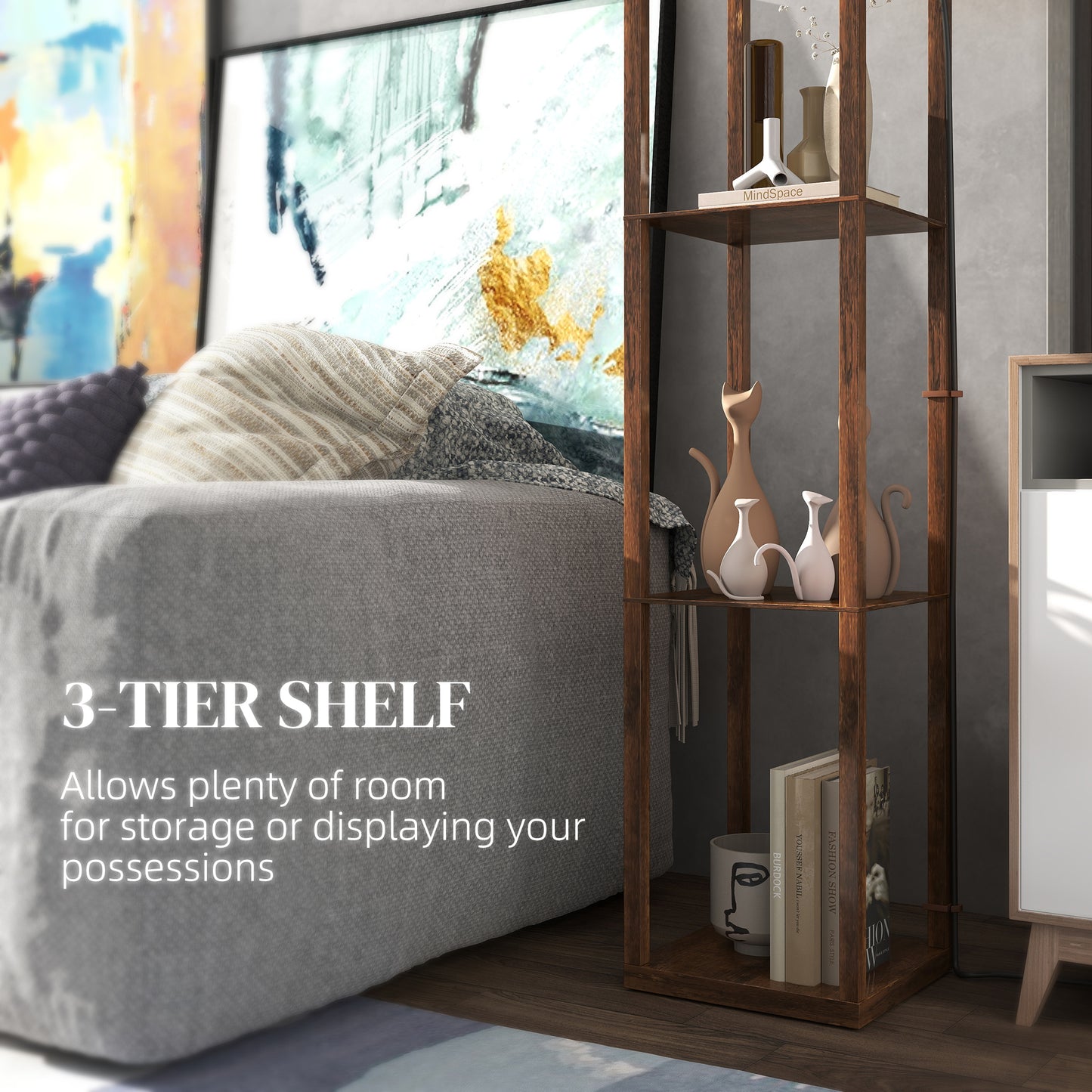 Modern Floor Lamp Light with 3 Shelves Fabric Lampshade, Rustic Brown