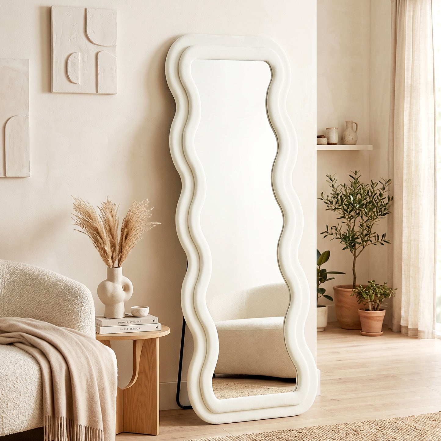 Full Length Mirror, 160 x 60 cm Velvet Wall Standing Mirror, Cream