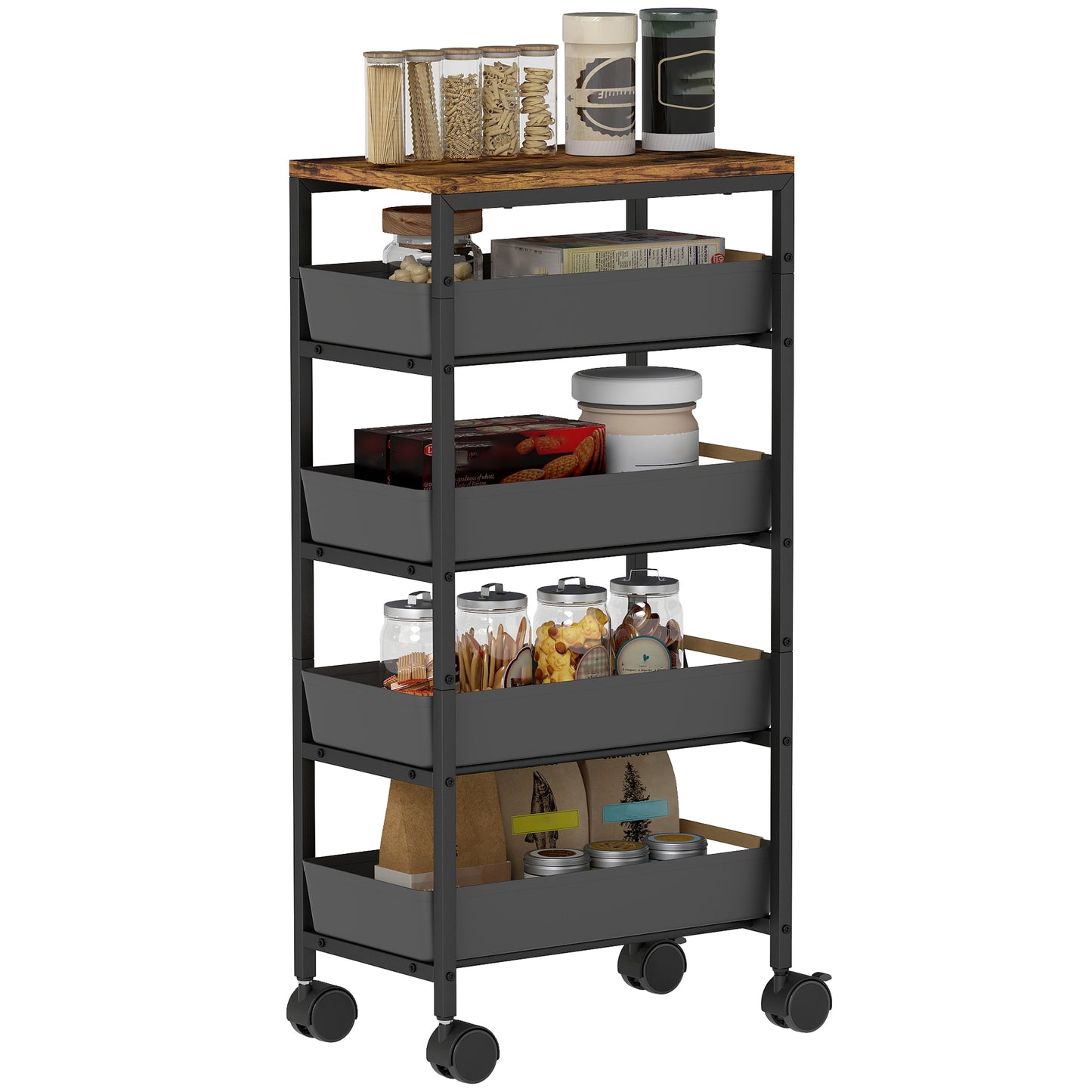 Kitchen Storage Trolley Mobile Utility Cart for Kitchen Office Black