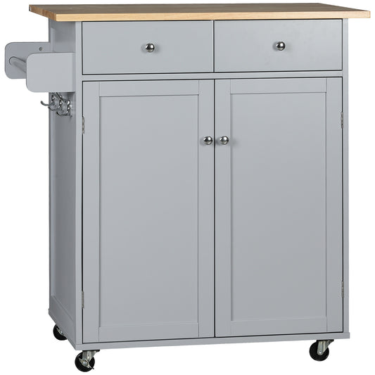 Rolling Kitchen Island, Utility Serving Cart with Rubber Wood Top Grey