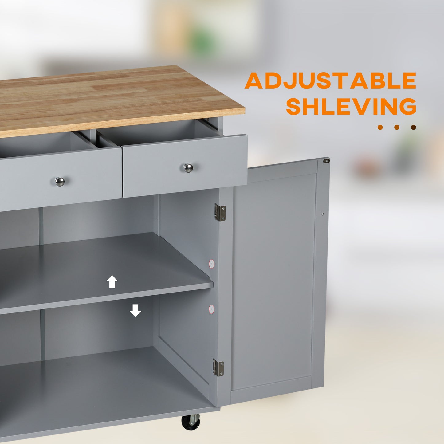 Rolling Kitchen Island, Utility Serving Cart with Rubber Wood Top Grey