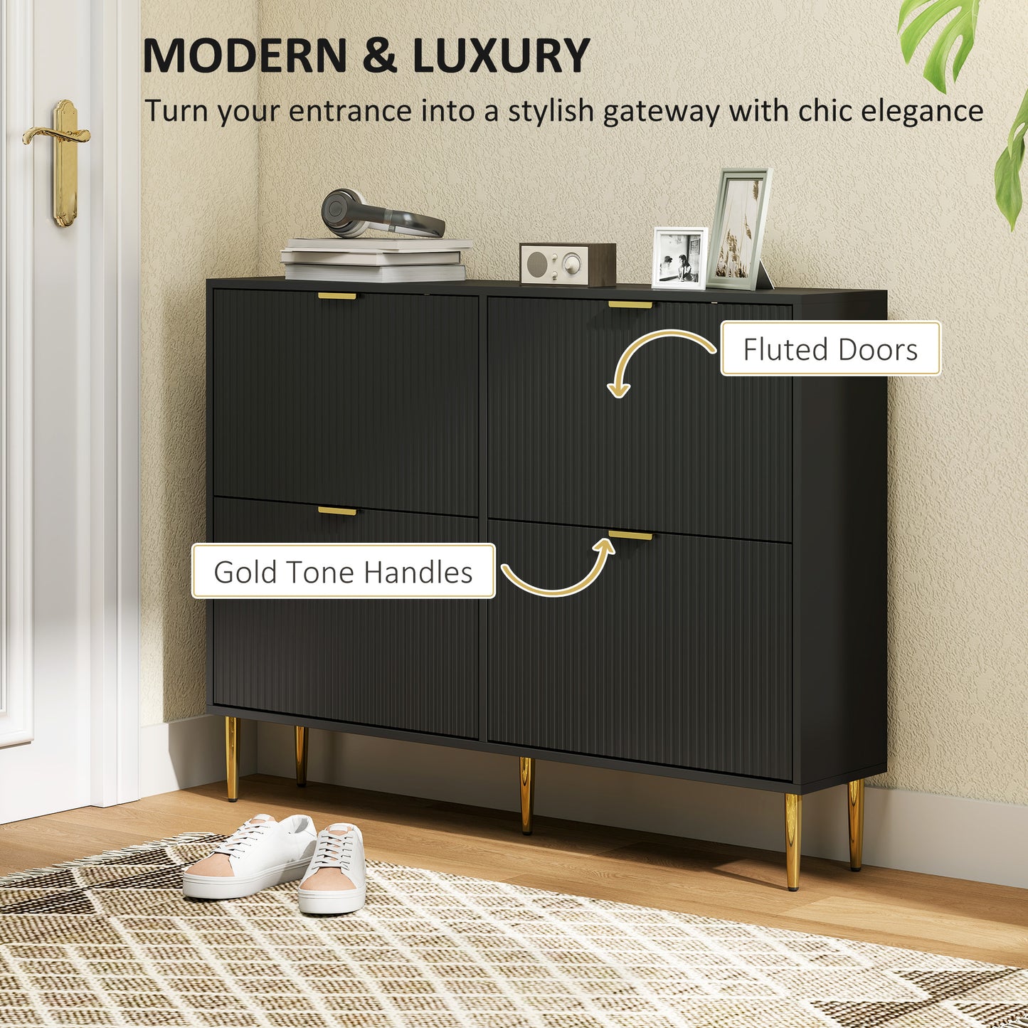 Slim Shoe Storage Cabinet with 4 Flip Drawers for Hallway, Black