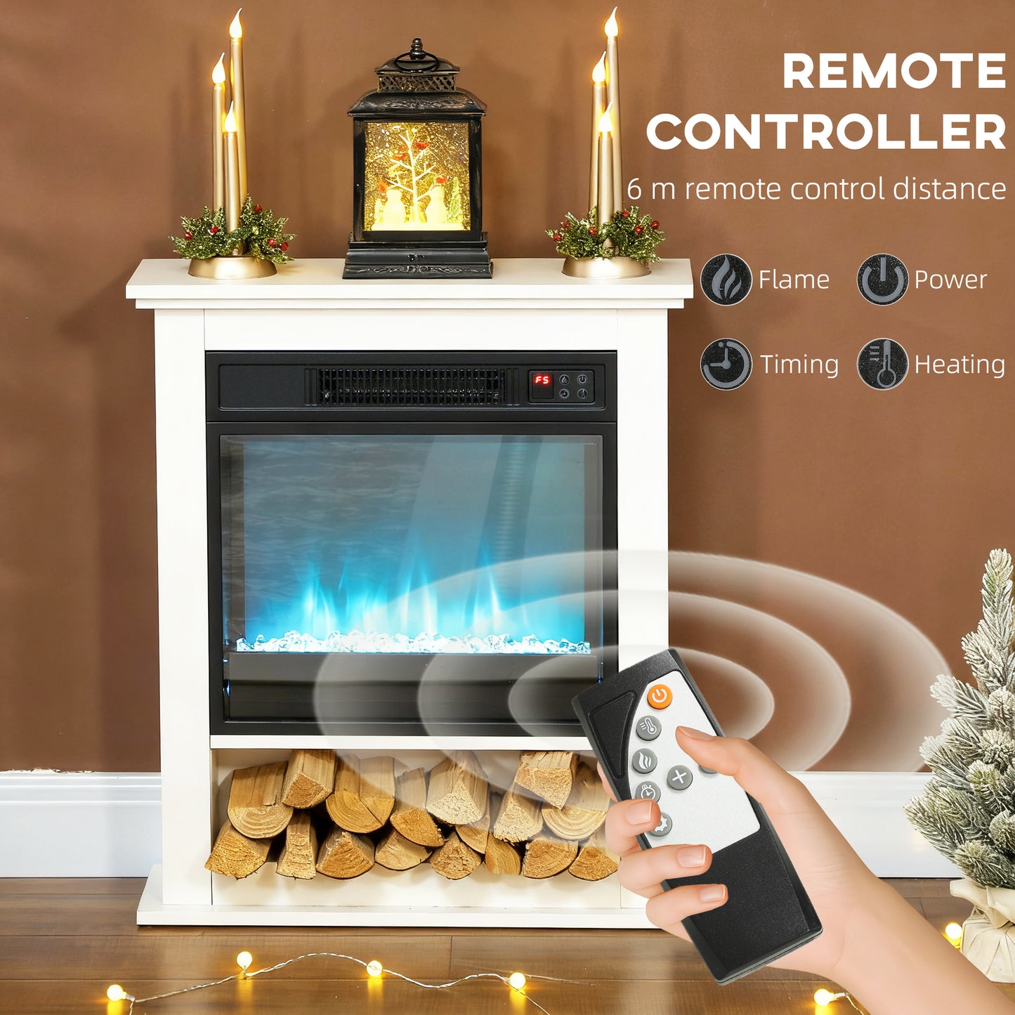 1800W White Electric Fire with Remote & Timer for Living Room