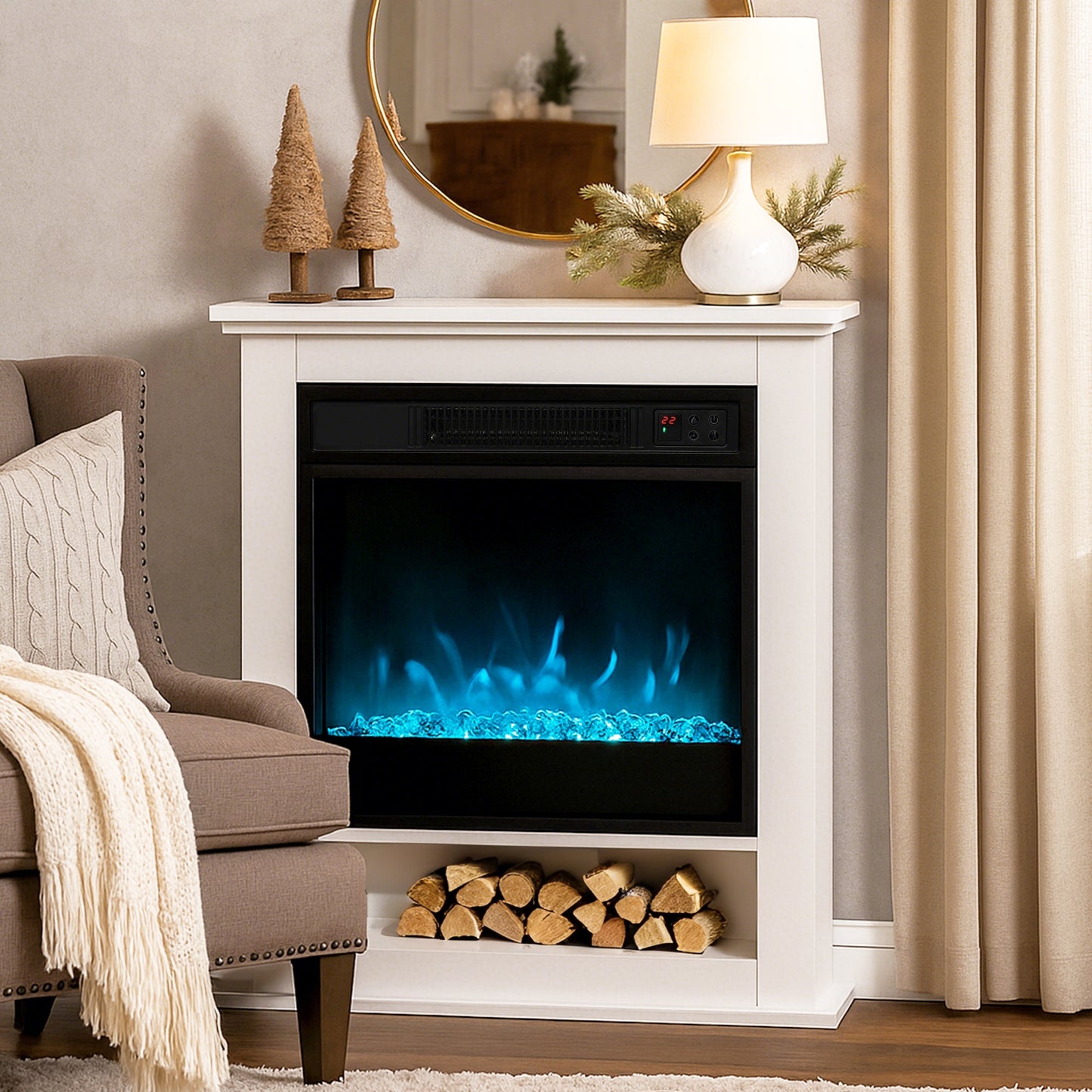 1800W White Electric Fire with Remote & Timer for Living Room