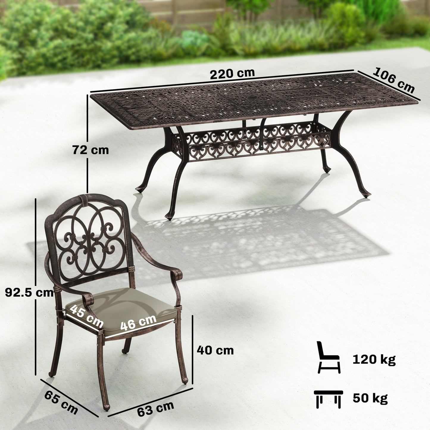 9 Piece Cast Aluminium Garden Dining Set with Cushions, Bronze Tone