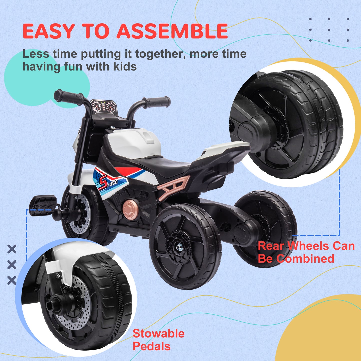 3 in 1 Baby Trike with Headlights, Music, Horn - White