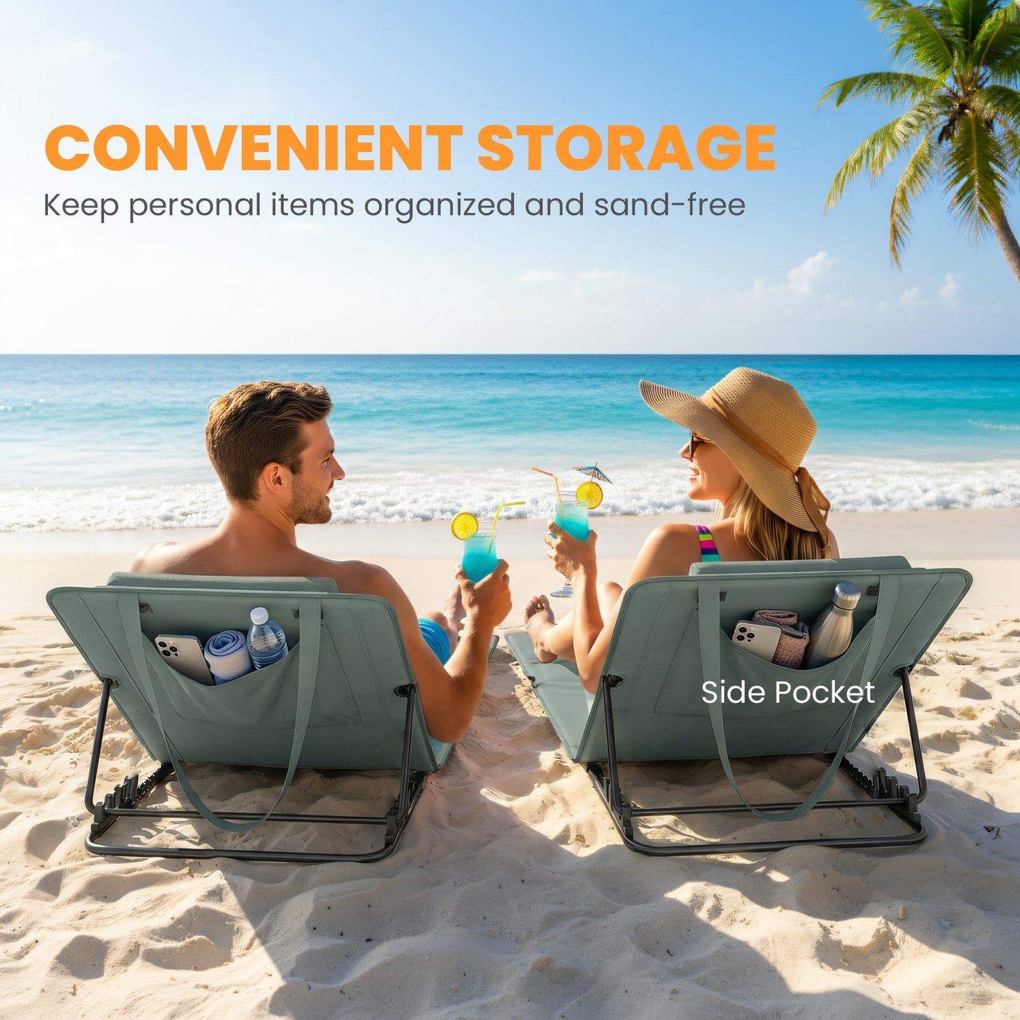 2 Pcs Foldable Sun Loungers, Beach Lounger with Adjustable Back