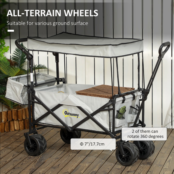 Folding Trolley Cart Storage Wagon Beach Trailer 4 Wheels with Handle Overhead Canopy Cart Push Pull for Camping, Grey