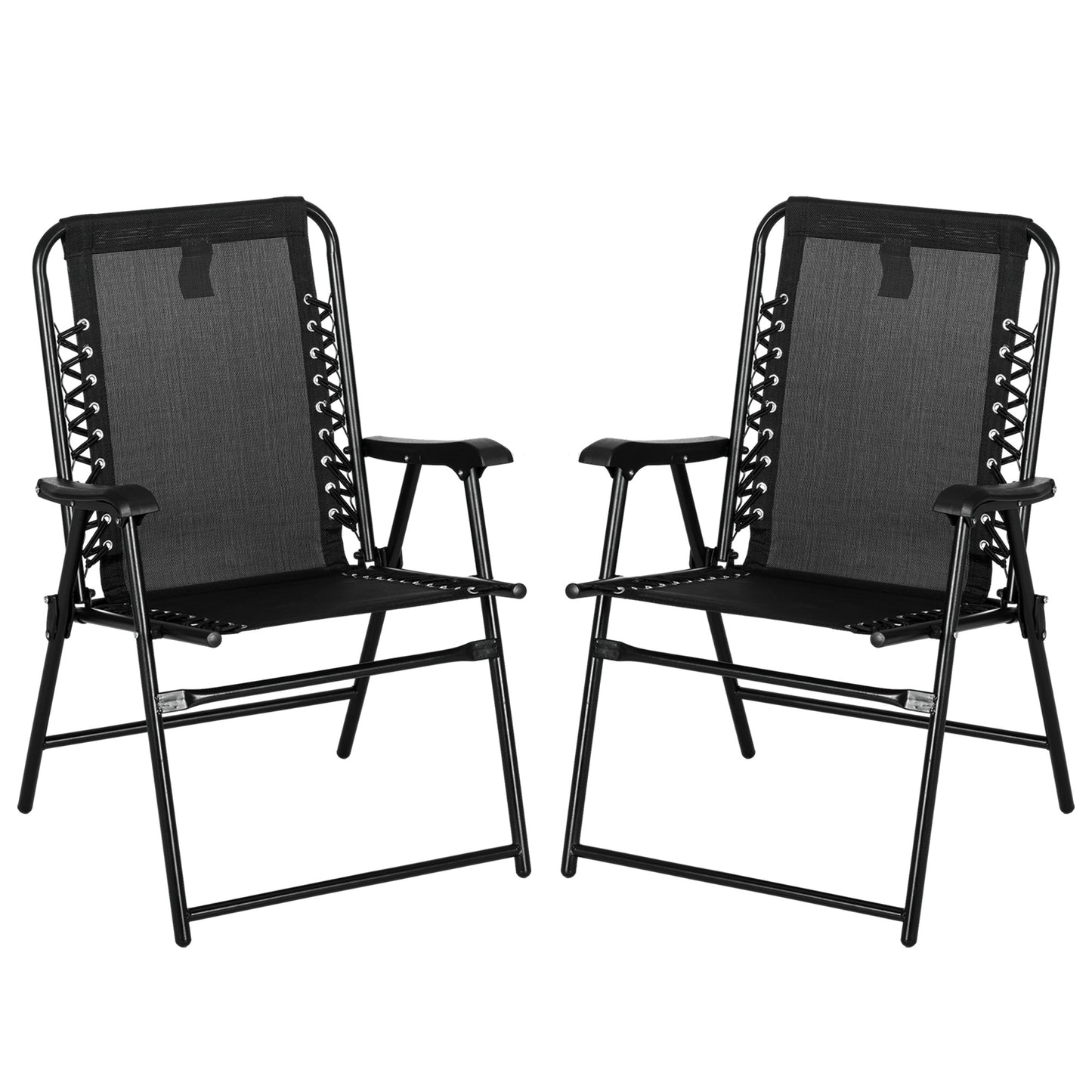 2 Pcs Patio Folding Chair Set, Outdoor Portable Loungers for Camping Pool Beach Deck, Lawn w/ Armrest Steel Frame Black