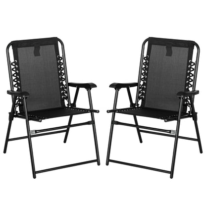 2 Pcs Patio Folding Chair Set, Outdoor Portable Loungers for Camping Pool Beach Deck, Lawn w/ Armrest Steel Frame Black