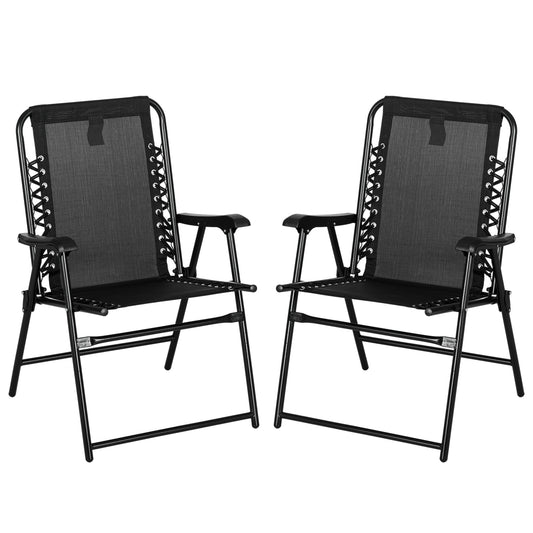 2 Pcs Patio Folding Chair Set, Outdoor Portable Loungers for Camping Pool Beach Deck, Lawn w/ Armrest Steel Frame Black