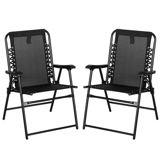 2 Pcs Patio Folding Chair Set, Outdoor Portable Loungers for Camping Pool Beach Deck, Lawn w/ Armrest Steel Frame Black