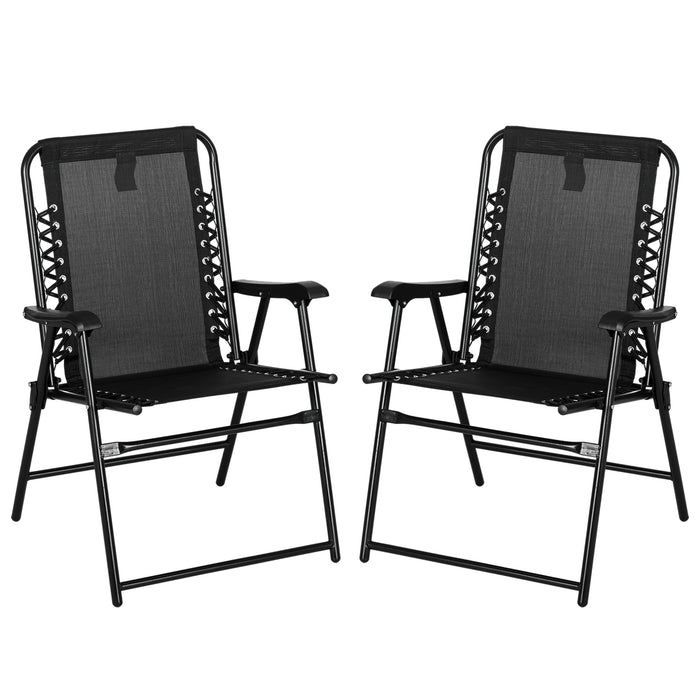 2 Pcs Patio Folding Chair Set, Outdoor Portable Loungers for Camping Pool Beach Deck, Lawn w/ Armrest Steel Frame Black