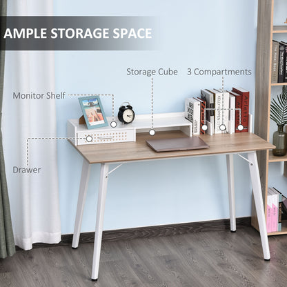 Small Computer Desk with Monitor Stand, Drawer and Storage Compartments, Home Office Desk for Small Spaces, Study Table, White