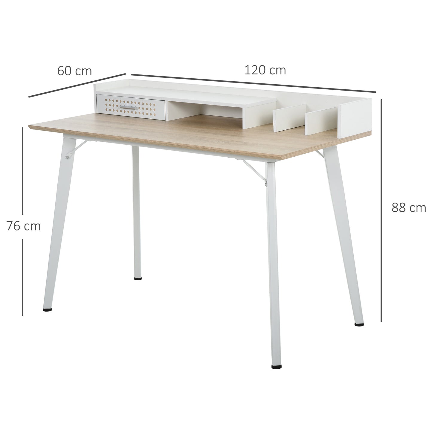 Small Computer Desk with Monitor Stand, Drawer and Storage Compartments, Home Office Desk for Small Spaces, Study Table, White
