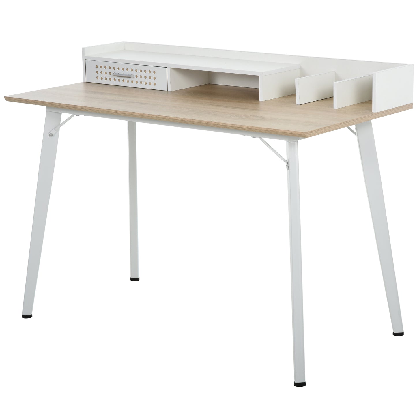 Small Computer Desk with Monitor Stand, Drawer and Storage Compartments, Home Office Desk for Small Spaces, Study Table, White