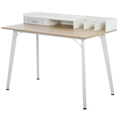 Small Computer Desk with Monitor Stand, Drawer and Storage Compartments, Home Office Desk for Small Spaces, Study Table, White