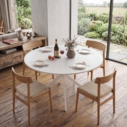Round Wood-Effect Dining Table for 4 with Steel Cross Legs - White
