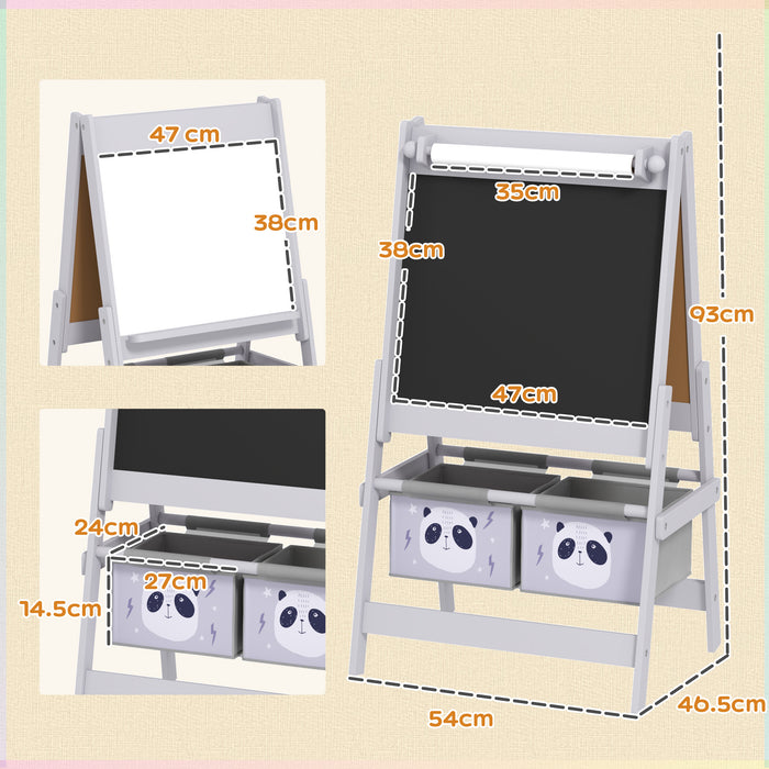 Kids Easel with Paper Roll, Blackboard, Whiteboard, Storage, Grey