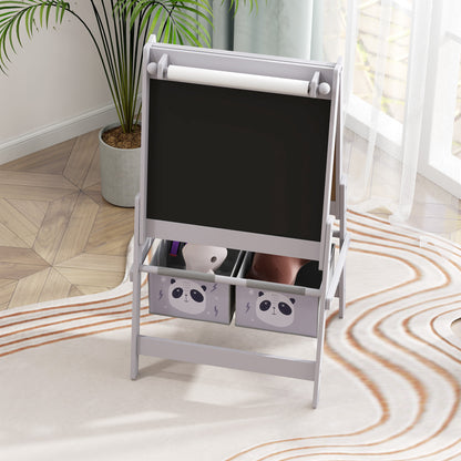 Kids Easel with Paper Roll, Blackboard, Whiteboard, Storage, Grey
