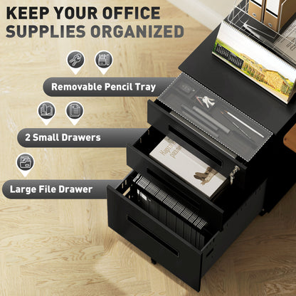 Lockable Mobile Filing Cabinet w/ 3 Drawers 39 x 48 x 60 cm Black