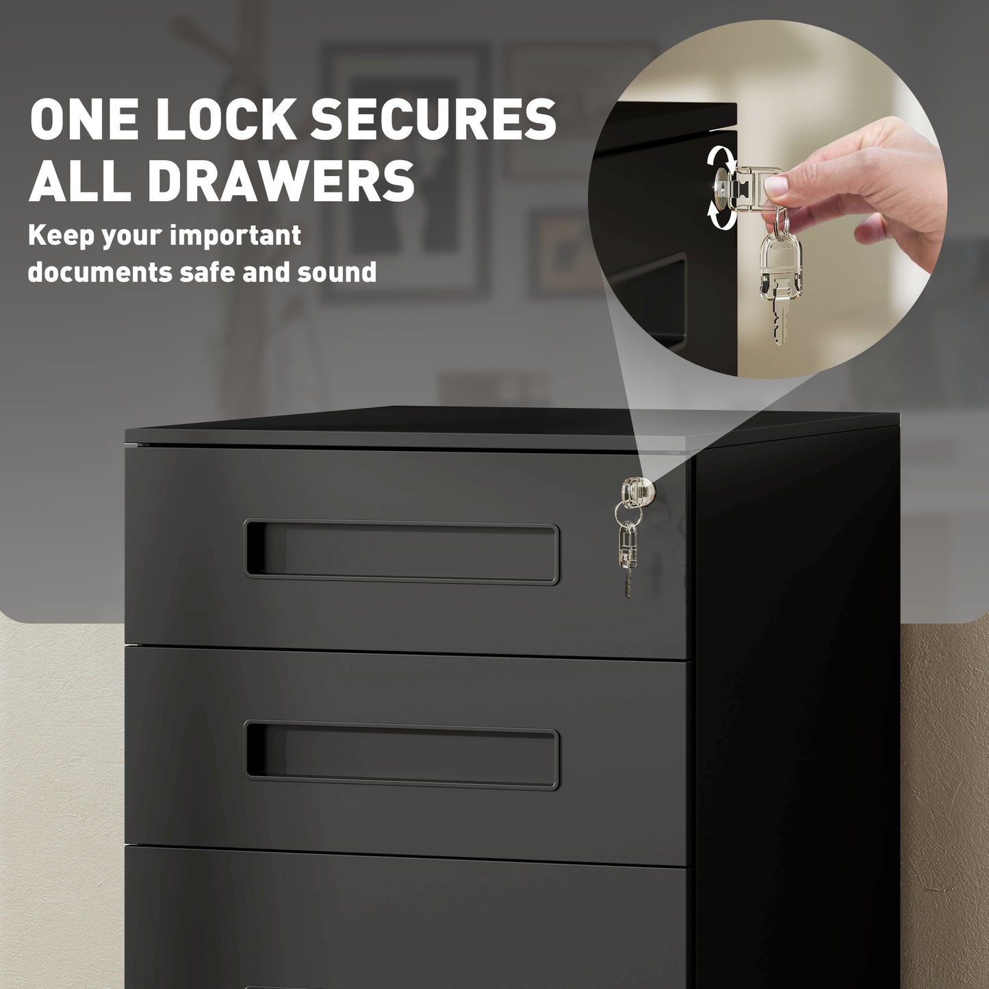 Lockable Mobile Filing Cabinet w/ 3 Drawers 39 x 48 x 60 cm Black