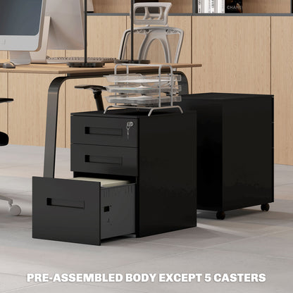 Lockable Mobile Filing Cabinet w/ 3 Drawers 39 x 48 x 60 cm Black