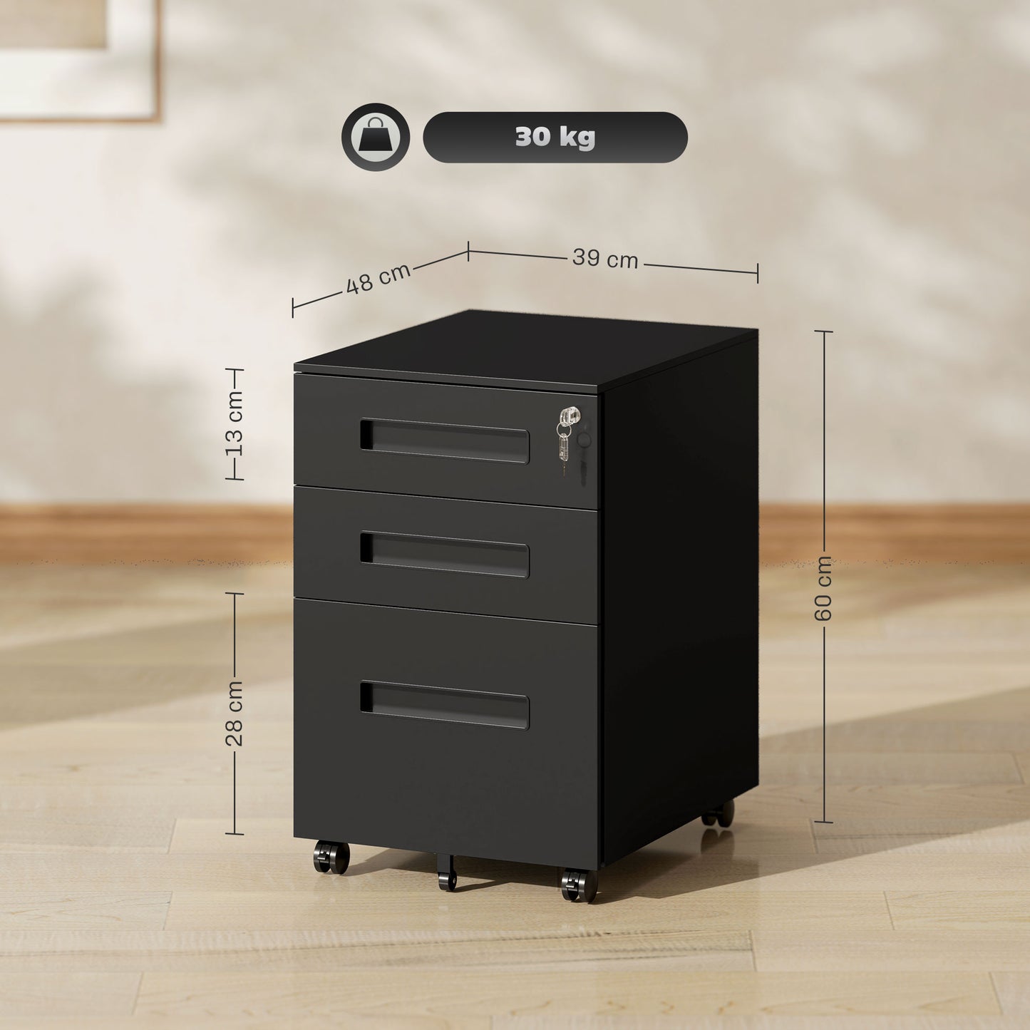 Lockable Mobile Filing Cabinet w/ 3 Drawers 39 x 48 x 60 cm Black