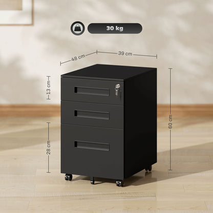 Lockable Mobile Filing Cabinet w/ 3 Drawers 39 x 48 x 60 cm Black