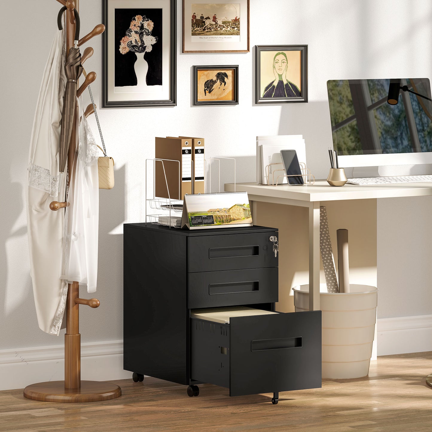Lockable Mobile Filing Cabinet w/ 3 Drawers 39 x 48 x 60 cm Black