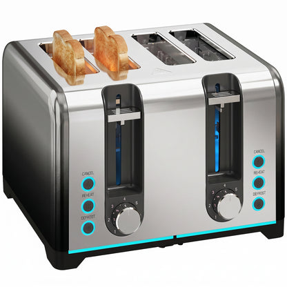 4 Slice Toaster with 7 Browning Levels, Reheat, Defrost and Cancel Functions, Self-Centring Slots, Auto Shut-Off, Removable Crumb Tray, 1860W, Black