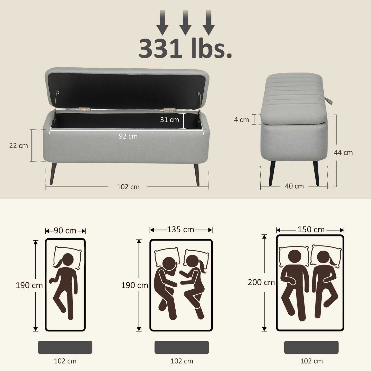 Storage Ottoman Bench, Linen-feel Footstool with Steel Legs, Grey
