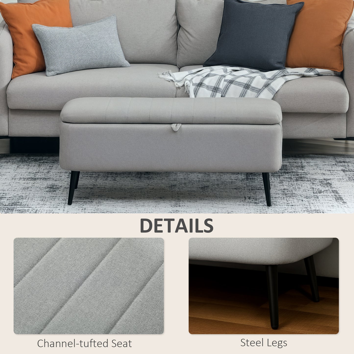 Storage Ottoman Bench, Linen-feel Footstool with Steel Legs, Grey