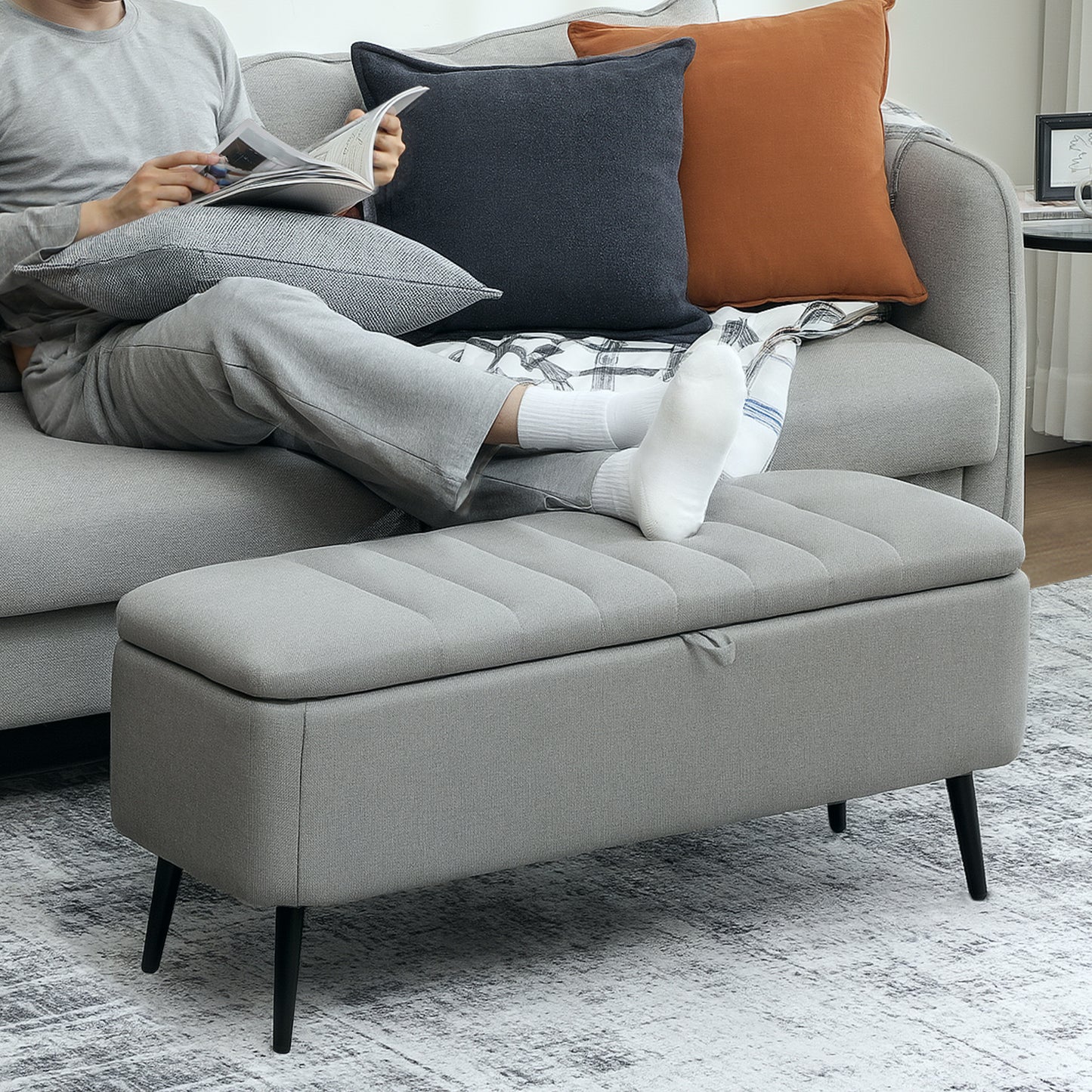 Storage Ottoman Bench, Linen-feel Footstool with Steel Legs, Grey
