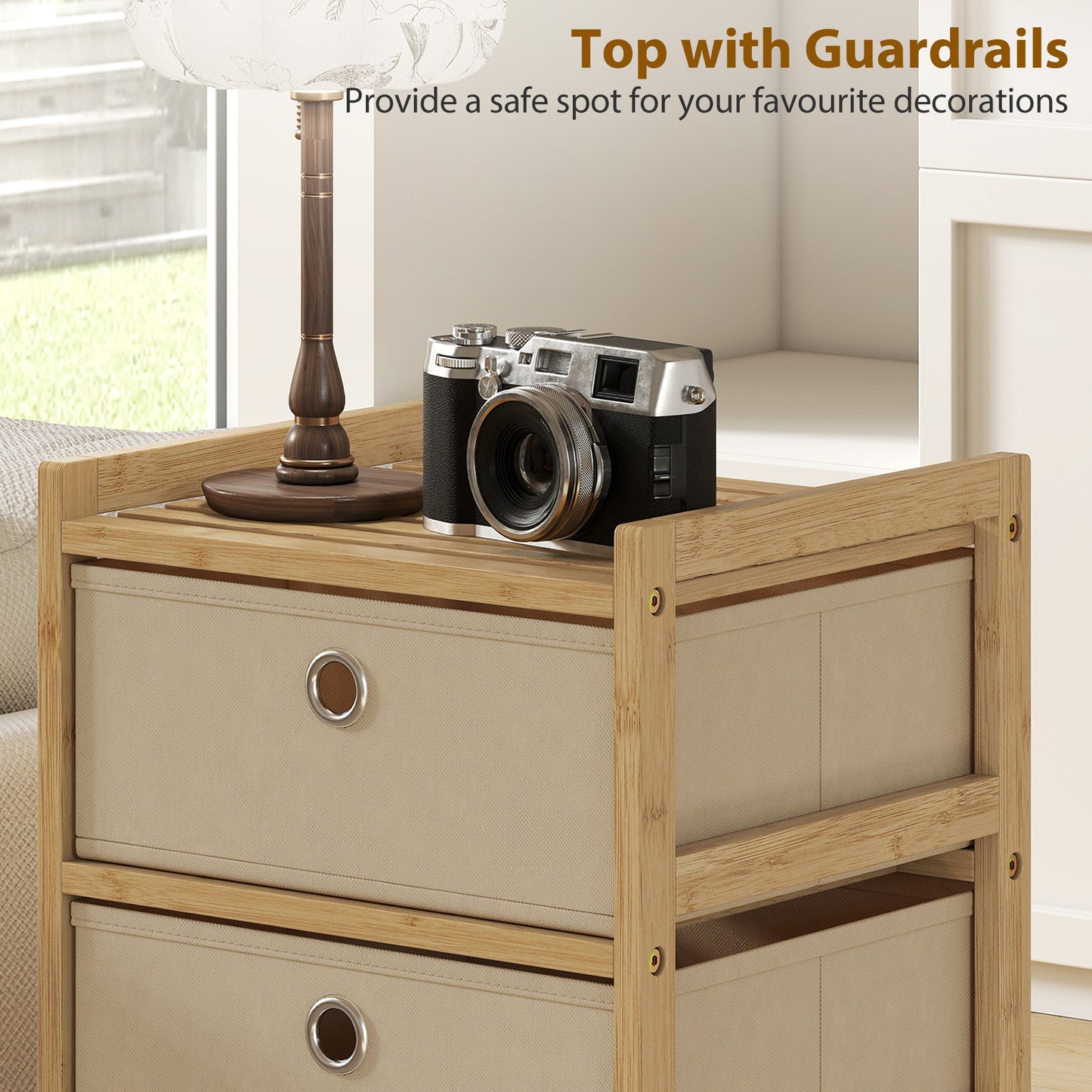 Chest of Drawers, 4 Drawers Dresser with Bamboo Frame, Cream White