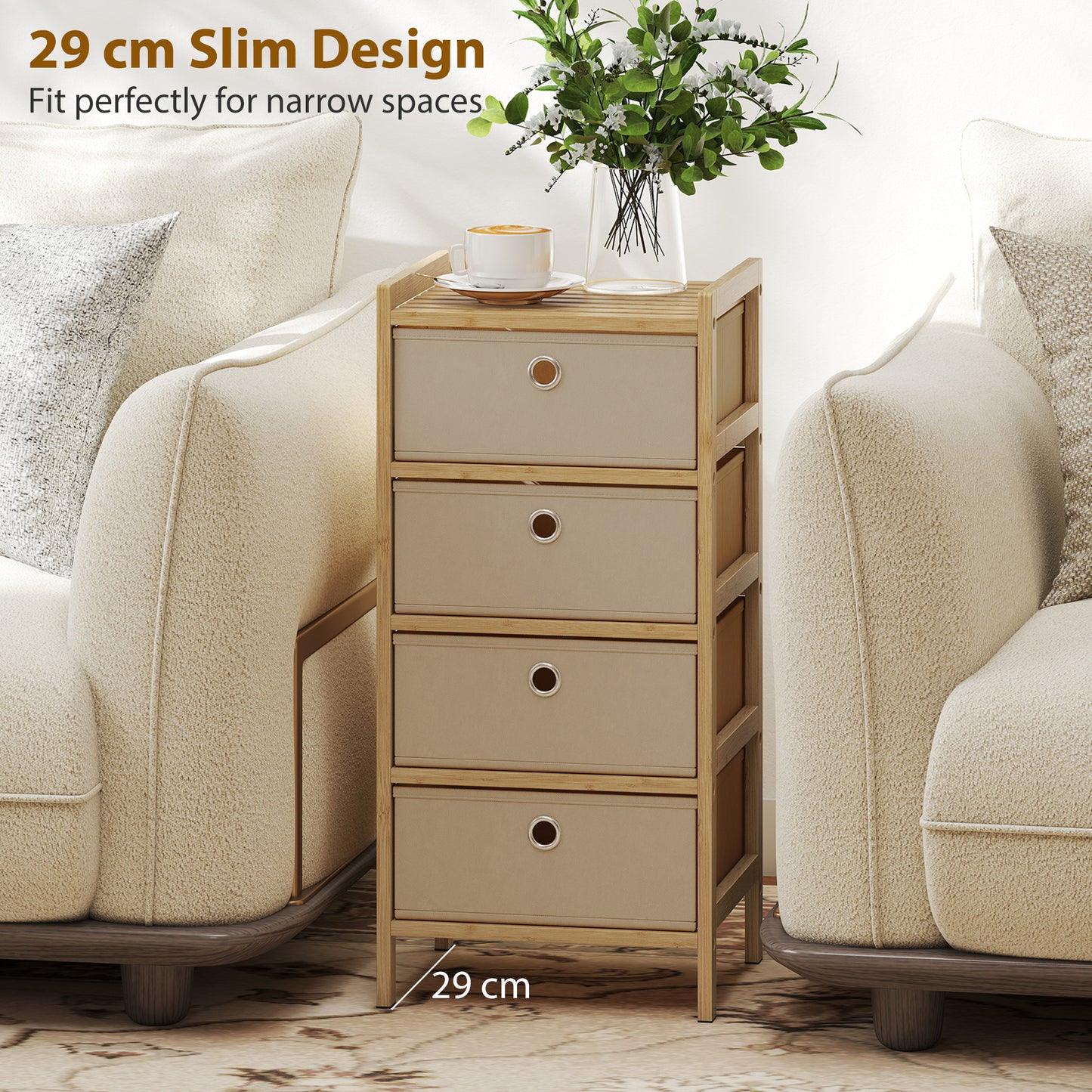 Chest of Drawers, 4 Drawers Dresser with Bamboo Frame, Cream White
