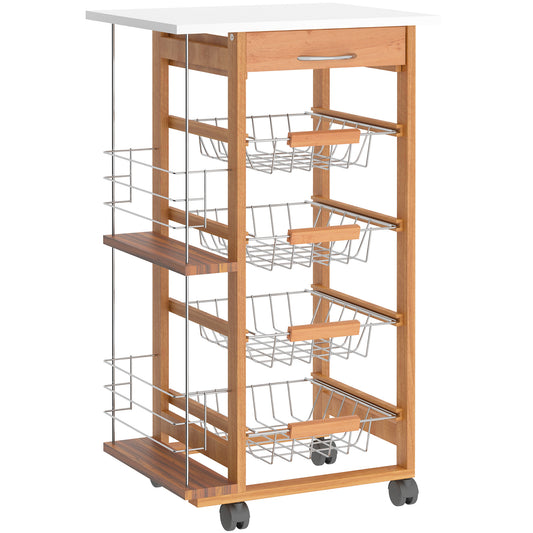 Multi-Use Kitchen Island Trolley Baskets Side Racks Drawer Worktop Brown