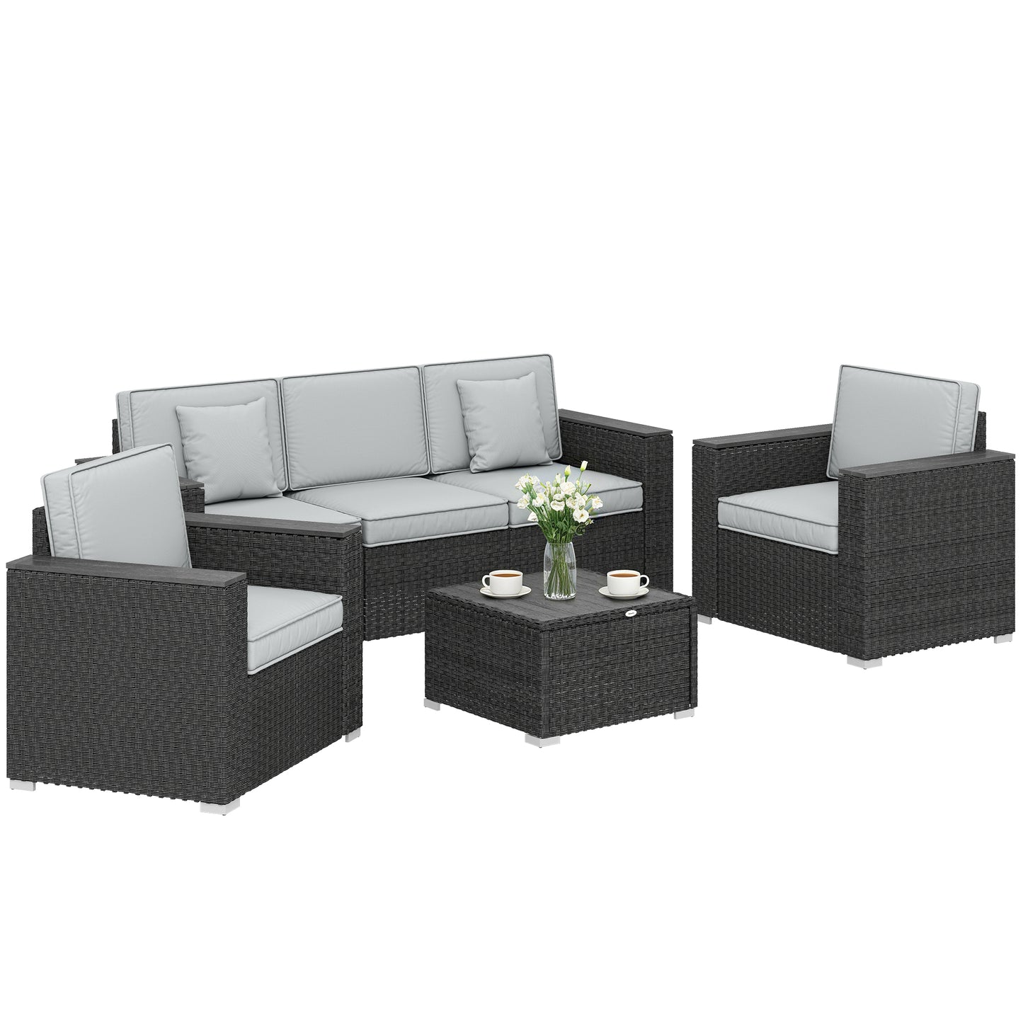 5 Seater Rattan Garden Furniture Set with Wide Armrests, Cushions, Pillows for Patio, Dark Grey