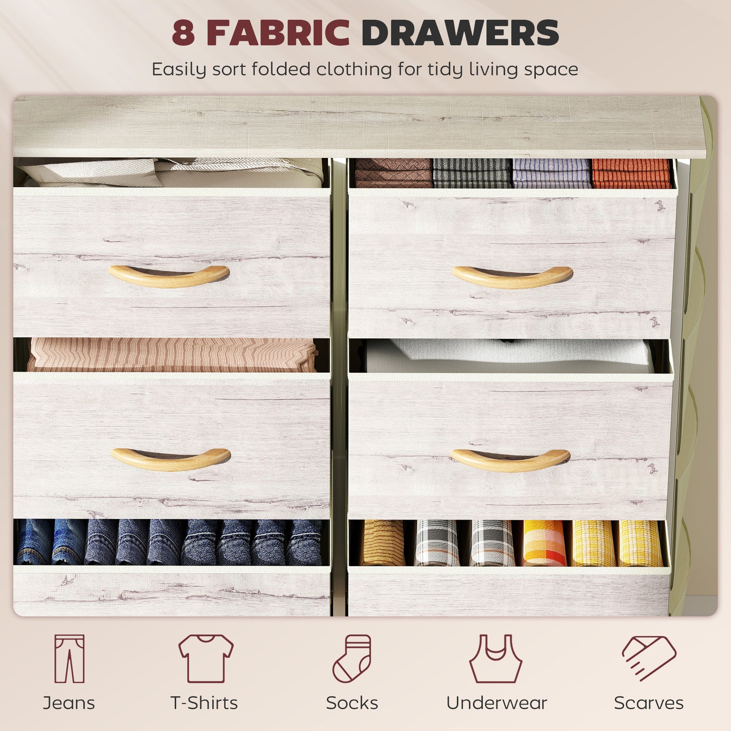 Fabric Chest of Drawers, 8 Drawer Dresser for Bedroom, Natural Wood