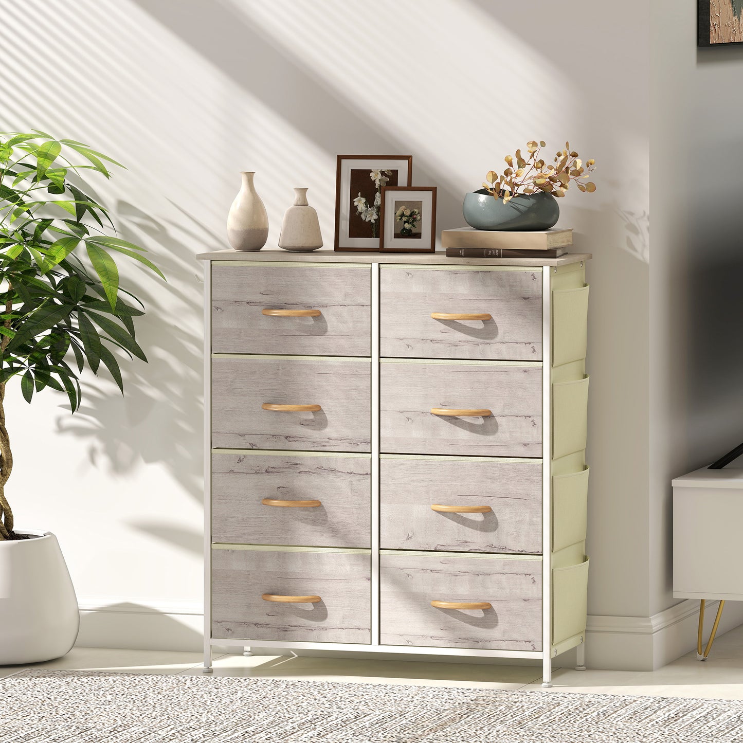 Fabric Chest of Drawers, 8 Drawer Dresser for Bedroom, Natural Wood