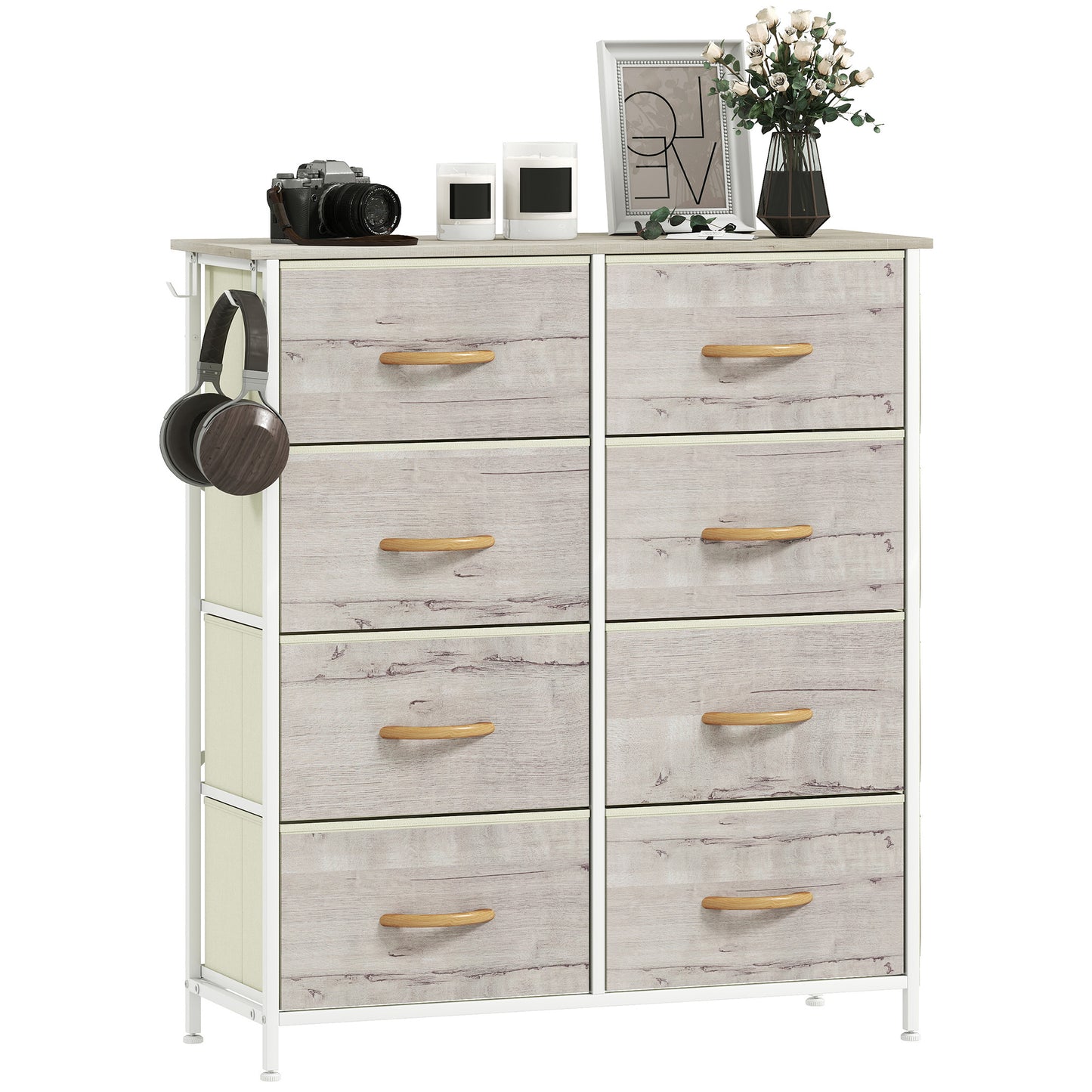 Fabric Chest of Drawers, 8 Drawer Dresser for Bedroom, Natural Wood