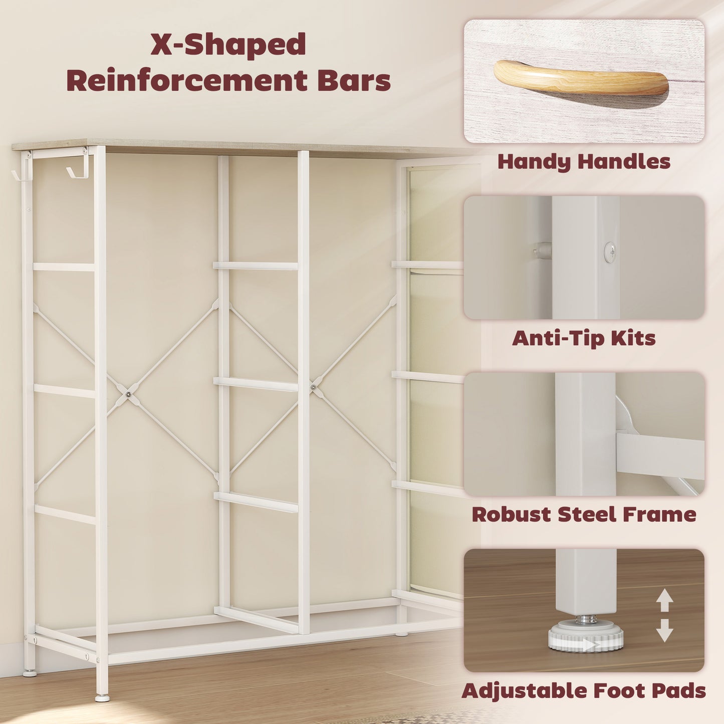 Fabric Chest of Drawers, 8 Drawer Dresser for Bedroom, Natural Wood